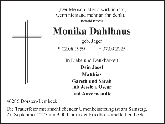 Traueranzeige von Monika Dahlhaus von Ruhr Nachrichten und Dorstener Zeitung
