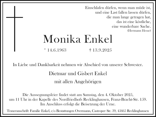 Traueranzeige von Monika Enkel von Trauer Vest