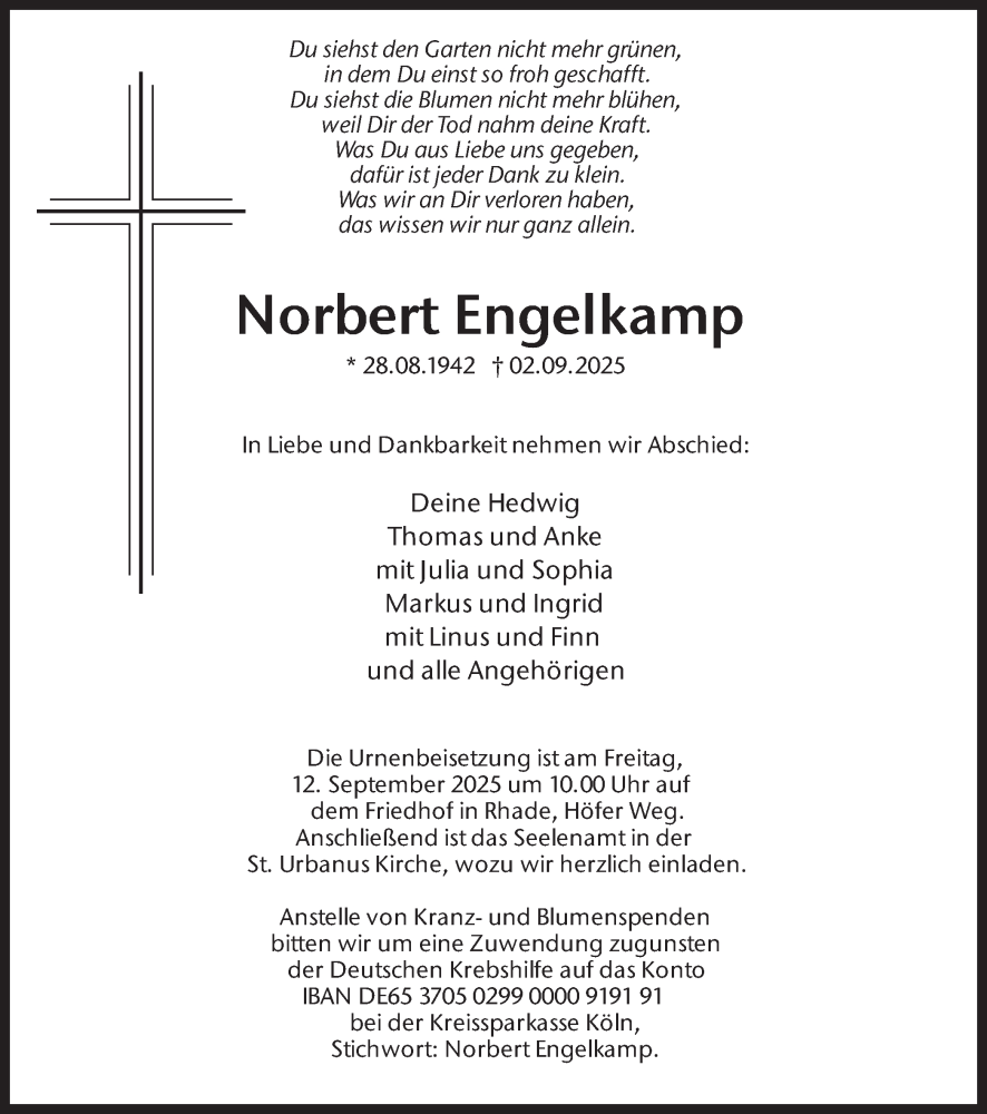 Traueranzeige für Norbert Engelkamp vom 10.09.2025 aus Ruhr Nachrichten und Dorstener Zeitung