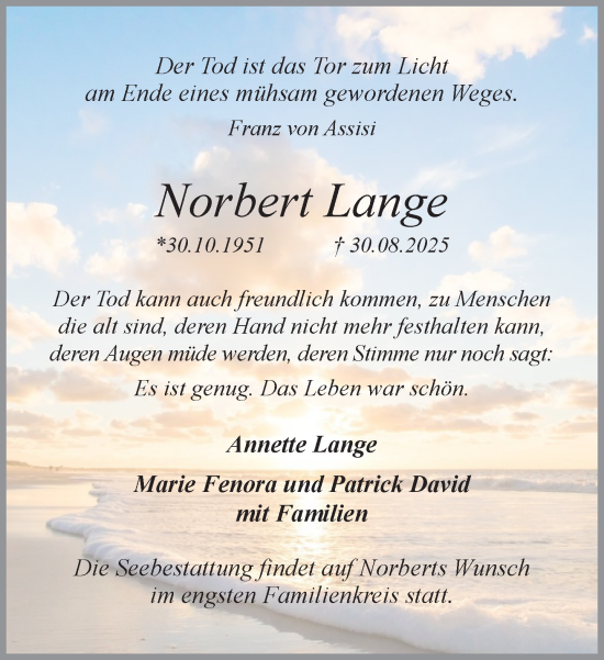 Traueranzeige von Norbert Lange 