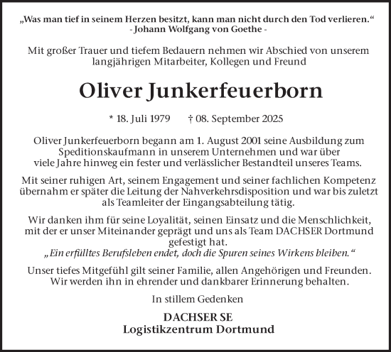 Traueranzeige von Oliver Junkerfeuerborn von Ruhr Nachrichten