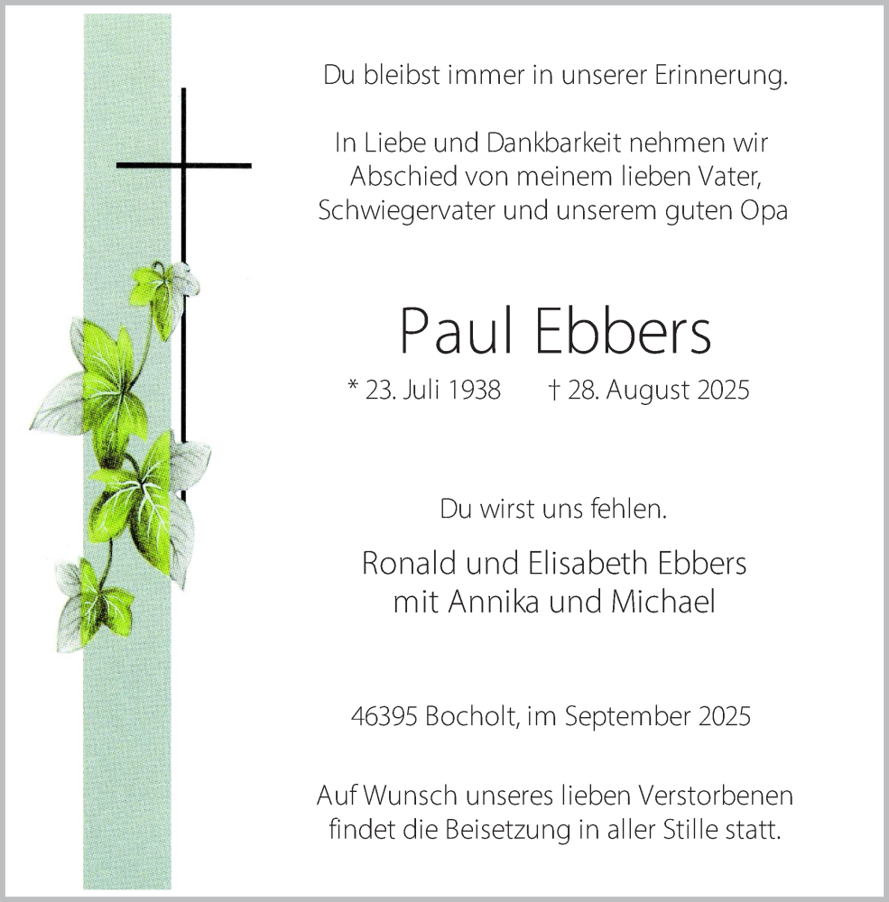  Traueranzeige für Paul Ebbers vom 06.09.2025 aus 