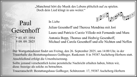 Traueranzeige von Paul Gesenhoff von Ruhr Nachrichten