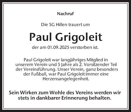 Traueranzeige von Paul Grigoleit von Trauer Vest