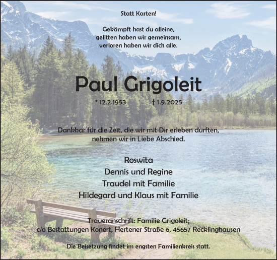 Traueranzeige von Paul Grigoleit von Ruhr Nachrichten und Halterner Zeitung