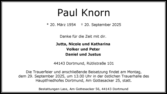 Traueranzeige von Paul Knorn von Ruhr Nachrichten