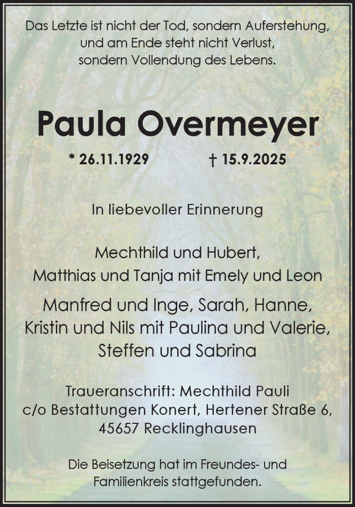 Traueranzeige für Paula Overmeyer vom 27.09.2025 aus Trauer Vest