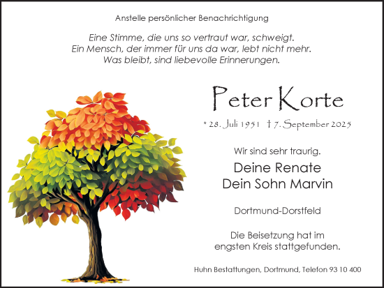 Traueranzeige von Peter Korte von Ruhr Nachrichten