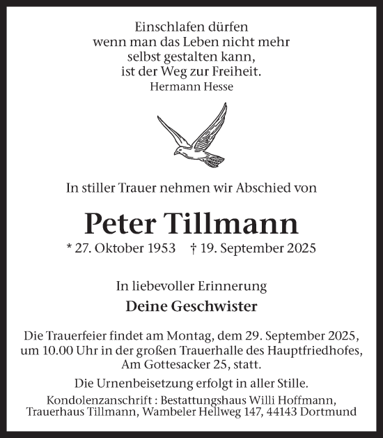 Traueranzeige von Peter Tillmann von Ruhr Nachrichten