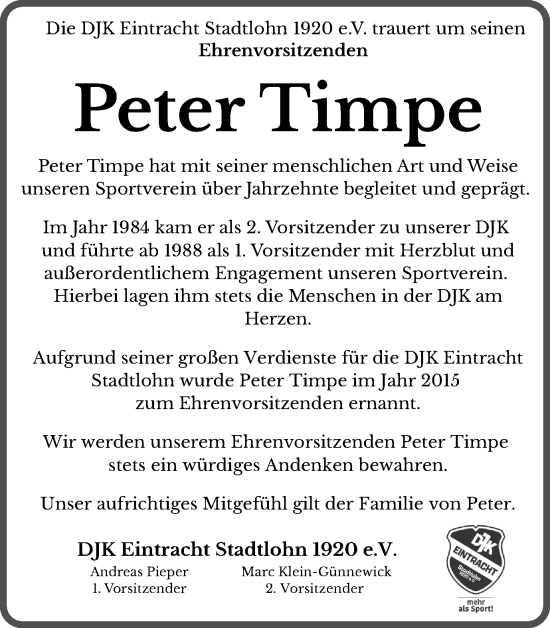 Traueranzeige von Peter Timpe von Münsterland Zeitung