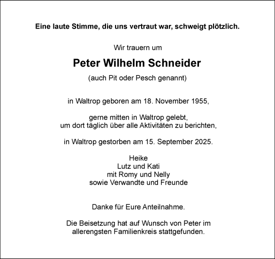 Traueranzeige von Peter Wilhelm Schneider von Trauer Vest
