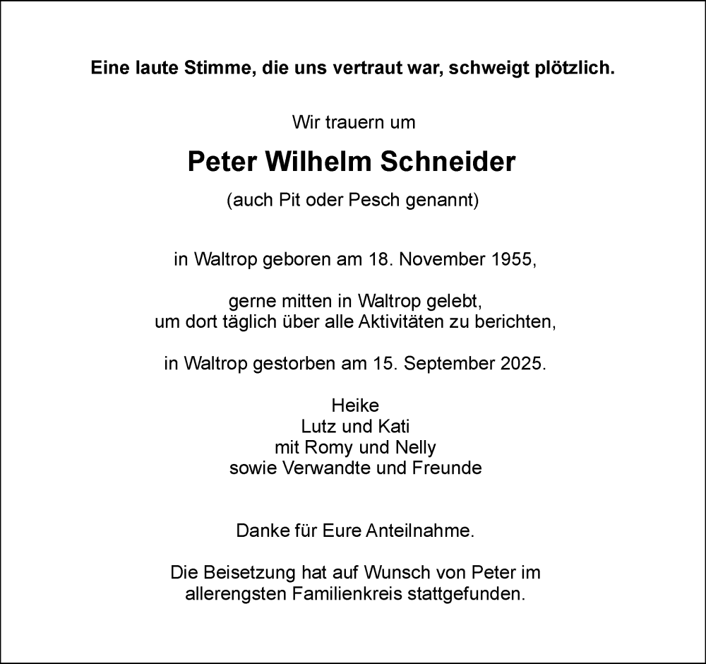  Traueranzeige für Peter Wilhelm Schneider vom 27.09.2025 aus Trauer Vest