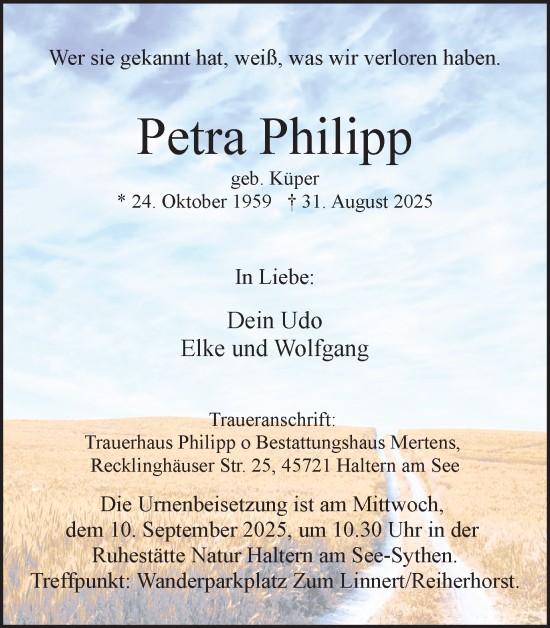 Traueranzeige von Petra Philipp von Ruhr Nachrichten und Halterner Zeitung