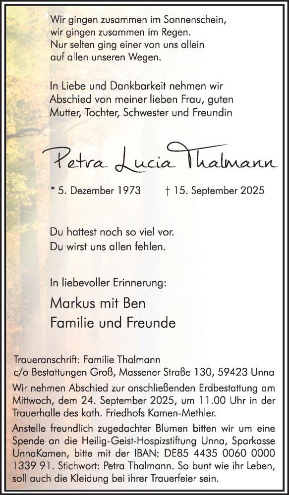  Traueranzeige für Petra Lucia Thalmann vom 18.09.2025 aus Hellweger Anzeiger