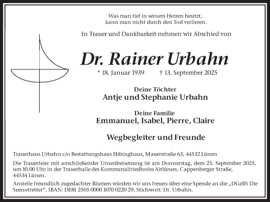 Traueranzeige von Rainer Urbahn von Lüner Anzeiger