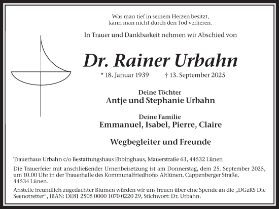 Traueranzeige von Rainer Urbahn von Ruhr Nachrichten
