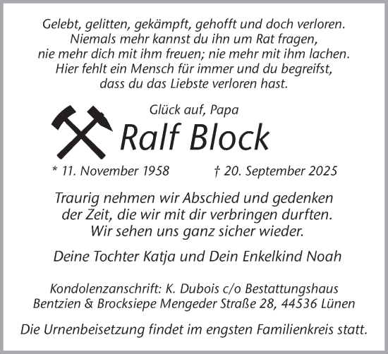 Traueranzeige von Ralf Block von Lüner Anzeiger
