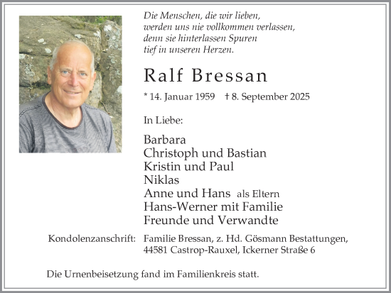 Traueranzeige von Ralf Bressan von Stadtanzeiger Castrop-Rauxel
