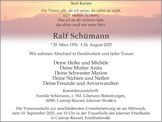 Traueranzeige von Ralf Schümann von Stadtanzeiger Castrop-Rauxel