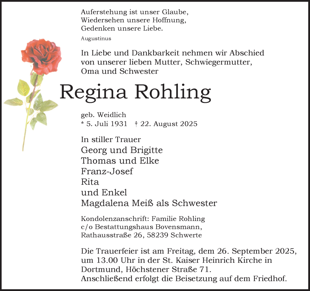  Traueranzeige für Regina Rohling vom 20.09.2025 aus Ruhr Nachrichten