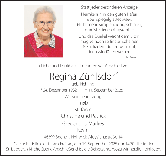Traueranzeige von Regina Zühlsdorf 
