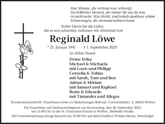 Traueranzeige von Reginald Löwe von Ruhr Nachrichten