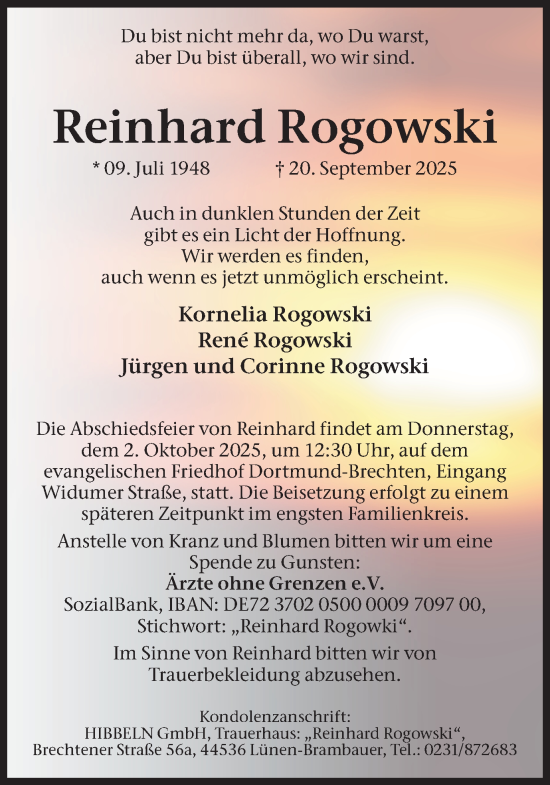 Traueranzeige von Reinhard Rogowski von Ruhr Nachrichten