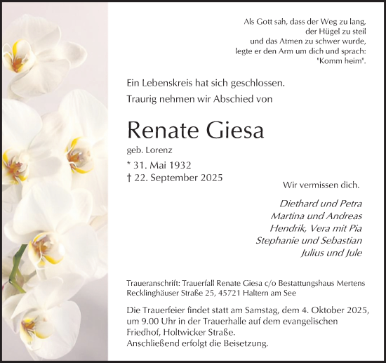 Traueranzeige von Renate Giesa von Ruhr Nachrichten und Halterner Zeitung