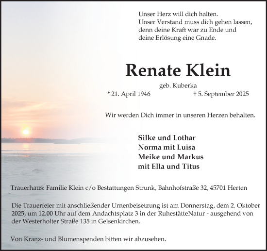 Traueranzeige von Renate Klein von Trauer Vest