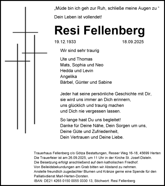 Traueranzeige von Resi Fellenberg von Trauer Vest