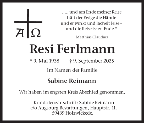 Traueranzeige von Resi Ferlmann von Ruhr Nachrichten