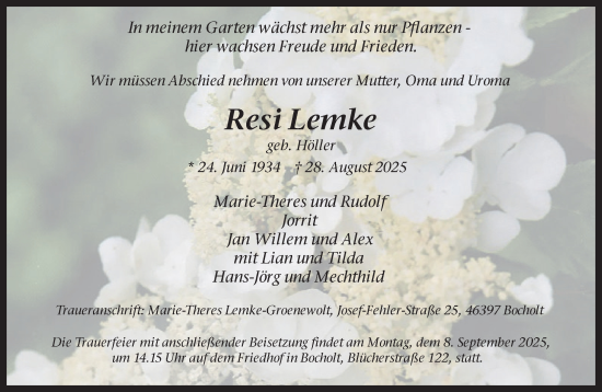 Traueranzeige von Resi Lemke 