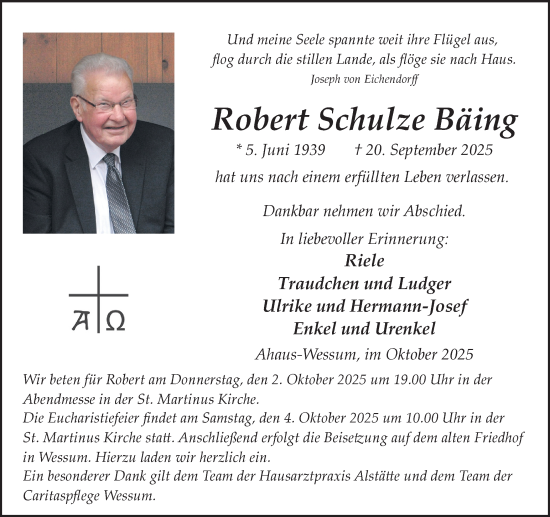 Traueranzeige von Robert Schulze Bäing von Münsterland Zeitung