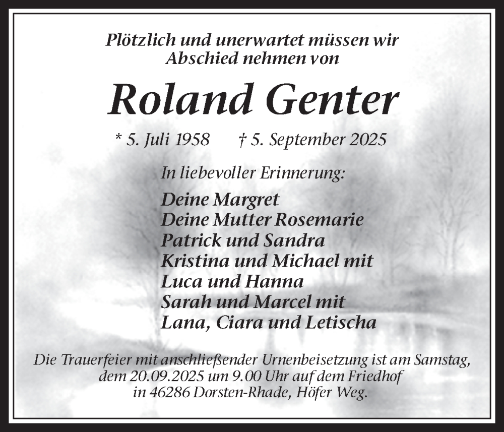  Traueranzeige für Roland Genter vom 17.09.2025 aus Trauer Vest