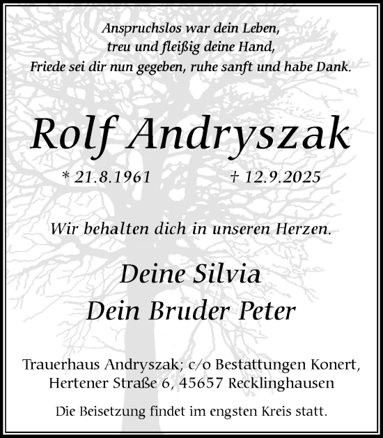 Traueranzeige von Rolf Andryszak von Trauer Vest