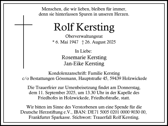Traueranzeige von Rolf Kersting von Hellweger Anzeiger
