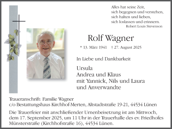 Traueranzeige von Rolf Wagner von Ruhr Nachrichten