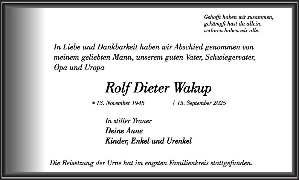  Traueranzeige für Rolf Dieter Wakup vom 27.09.2025 aus Trauer Vest