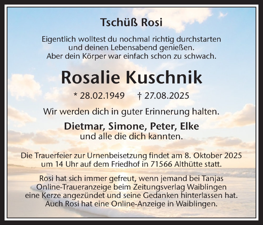  Traueranzeige für Rosalie Kuschnik vom 27.09.2025 aus Trauer Vest