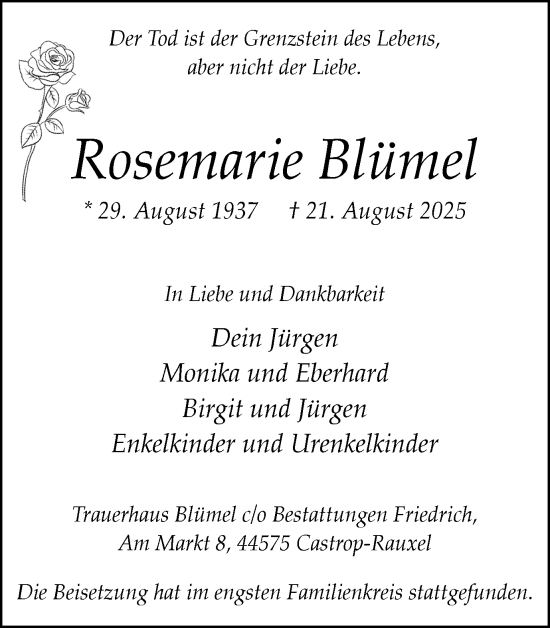 Traueranzeige von Rosemarie Blümel von Stadtanzeiger Castrop-Rauxel