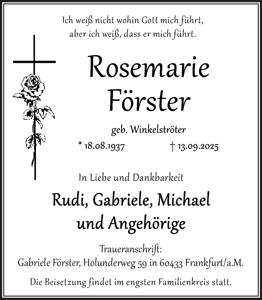  Traueranzeige für Rosemarie Förster vom 24.09.2025 aus Trauer Vest