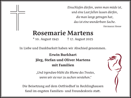 Traueranzeige von Rosemarie Martens von Trauer Vest