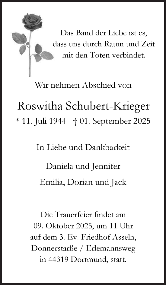 Traueranzeige von Roswitha Schubert-Krieger von Ruhr Nachrichten