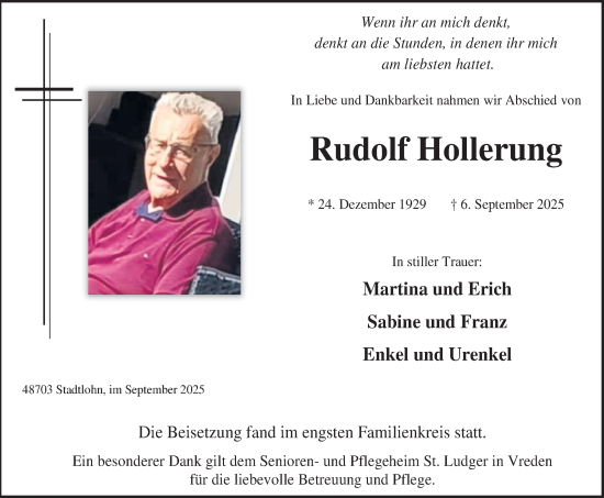 Traueranzeige von Rudolf Hollerung von Münsterland Zeitung