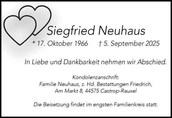 Traueranzeige von Siegfried Neuhaus von Stadtanzeiger Castrop-Rauxel