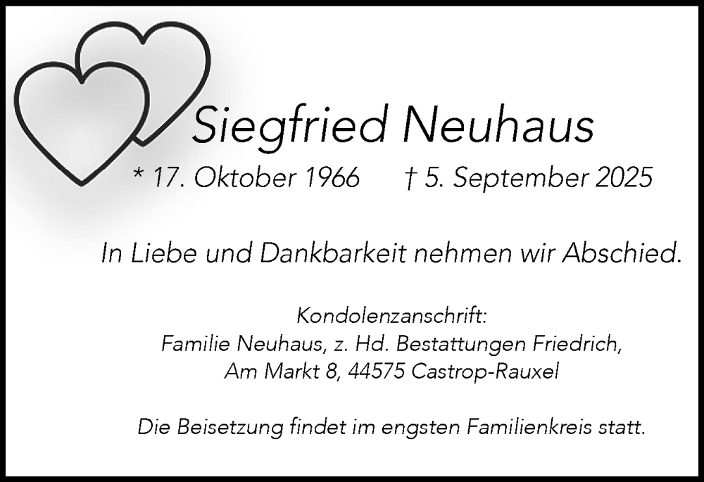  Traueranzeige für Siegfried Neuhaus vom 13.09.2025 aus Stadtanzeiger Castrop-Rauxel