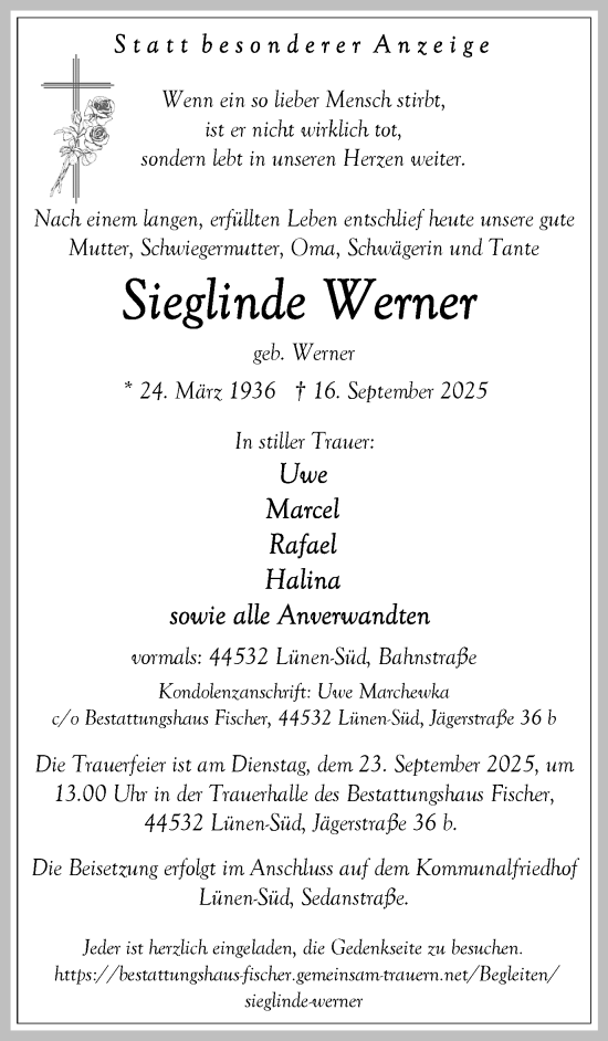 Traueranzeige von Sieglinde Werner von Lüner Anzeiger