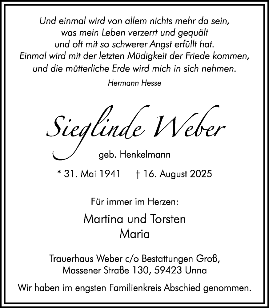  Traueranzeige für Siegline Weber vom 23.09.2025 aus Ruhr Nachrichten