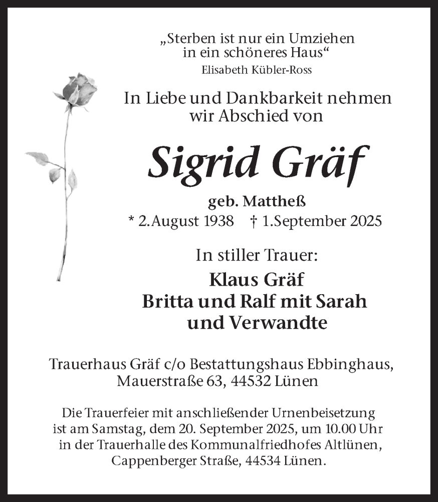  Traueranzeige für Sigrid Gräf vom 06.09.2025 aus Lüner Anzeiger