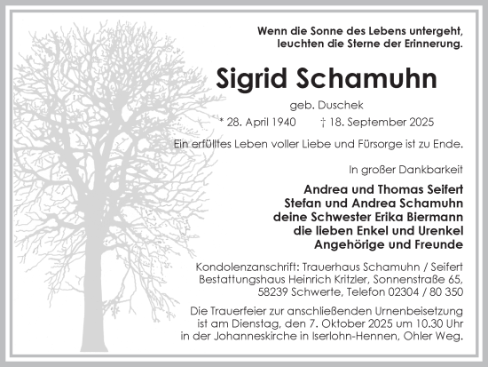 Traueranzeige von Sigrid Schamuhn von Ruhr Nachrichten